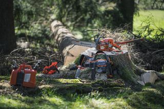 Chainsaw and accessories in forest
